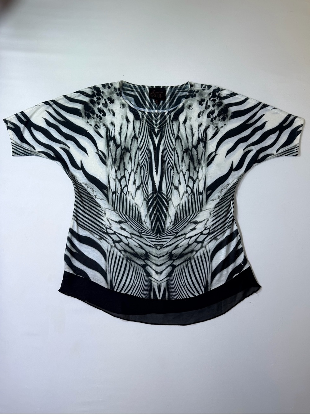 Black & White Zebra Animal Print Sheer Hem Blouse Women’s Medium NWT